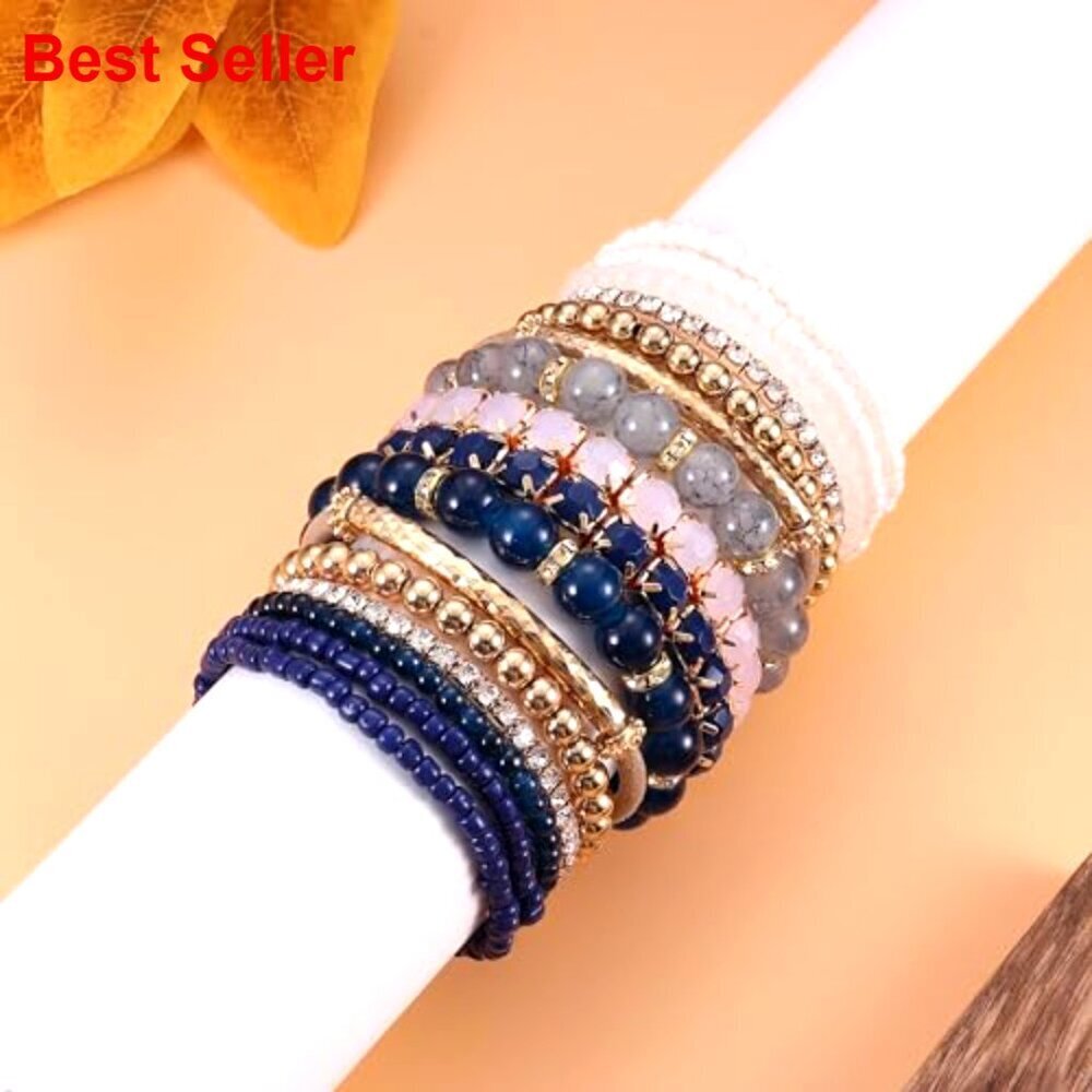 Multi-Color Layered Stackable Natural Beaded Bracelets Adjustable Stretch - Picture 4 of 7